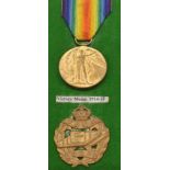 British Army Victory medal named to 310682 Pte V B Phillips, Tank Corps, with cap badge