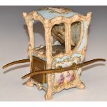 Dresden or similar porcelain sedan chair with drawer and upholstered interior, possibly a pin