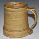 Bernard Leach c1950s St Ives Pottery tankard mug with thumb rest and scrolling handle, with studio