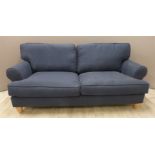 A modern navy three seat sofa on turned wooden feet, W180 x D93cm x H90cm