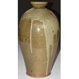 Large studio pottery drip glazed baluster vase with incised footed star mark to base, H43cm