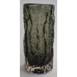 Geoffrey Baxter for Whitefriars textured bark sleeve vase in smoke grey, 23cm tall.