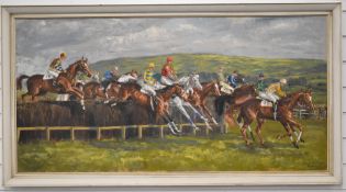 J Ganley oil / acrylic of the Foxhunters Chase, Cheltenham 1950's, signed lower left and titled