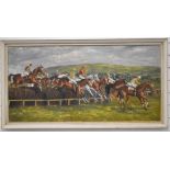 J Ganley oil / acrylic of the Foxhunters Chase, Cheltenham 1950's, signed lower left and titled