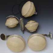 Four vintage / retro light fittings with glass shades, two wall fitting and two ceiling fitting,