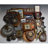 Collection of Nazi, WW2 replica / copy militaria including metal badges, leather belt, war