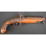 Joseph Bourne percussion hammer action pistol with named and engraved locks, engraved hammer,