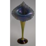 Okra glass pulpit vase with iridescent decoration, signed to base RPG 2002 Okra, 31cm tall.