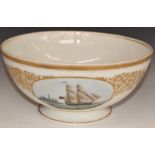 A 19thC continental porcelain pedestal bowl with hand decorated cartouche of a British sailing