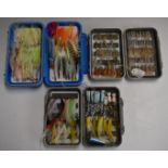 Three fly fishing boxes with saltwater streamers, poppers, shrimp flies, beaded flies etc
