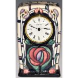 Moorcroft mantel clock decorated in the Mackintosh pattern, dated 95, H16cm