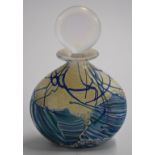 Isle of Wight iridescent glass scent bottle with stopper and sticker to base, 13cm tall.