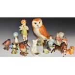 Beswick Beatrix Potter and bird figures, Royal Worcester Wednesday's Child and Pekingese, Goss cat