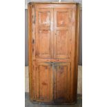 19thC panelled pine four door corner cupboard with shelved interior, W102 x H210cm