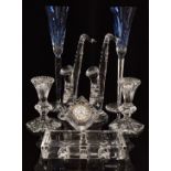 Eight pieces of Waterford Crystal comprising a pair of oversized blue champagne glasses, a pair of