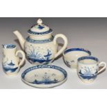 Five pieces of 18thC Caughley miniature / dolls' house tea ware including teapot, tallest 8.5cm