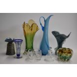 Eight pieces of clear and coloured glassware including two Murano vases, flash overlaid trumpet