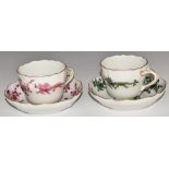 Two Meissen cups and saucers decorated with green and puce dragons, H6cm