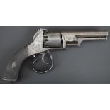 Webley style 120 bore six-shot open framed percussion revolver with engraved frame, chequered