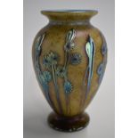 Okra glass vase with iridescent stylised flowers, signed to base Okra 2002, 17cm tall.