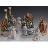 Three Capodimonte figures, a pair of Capodimonte figural lamps and three Royal Worcester