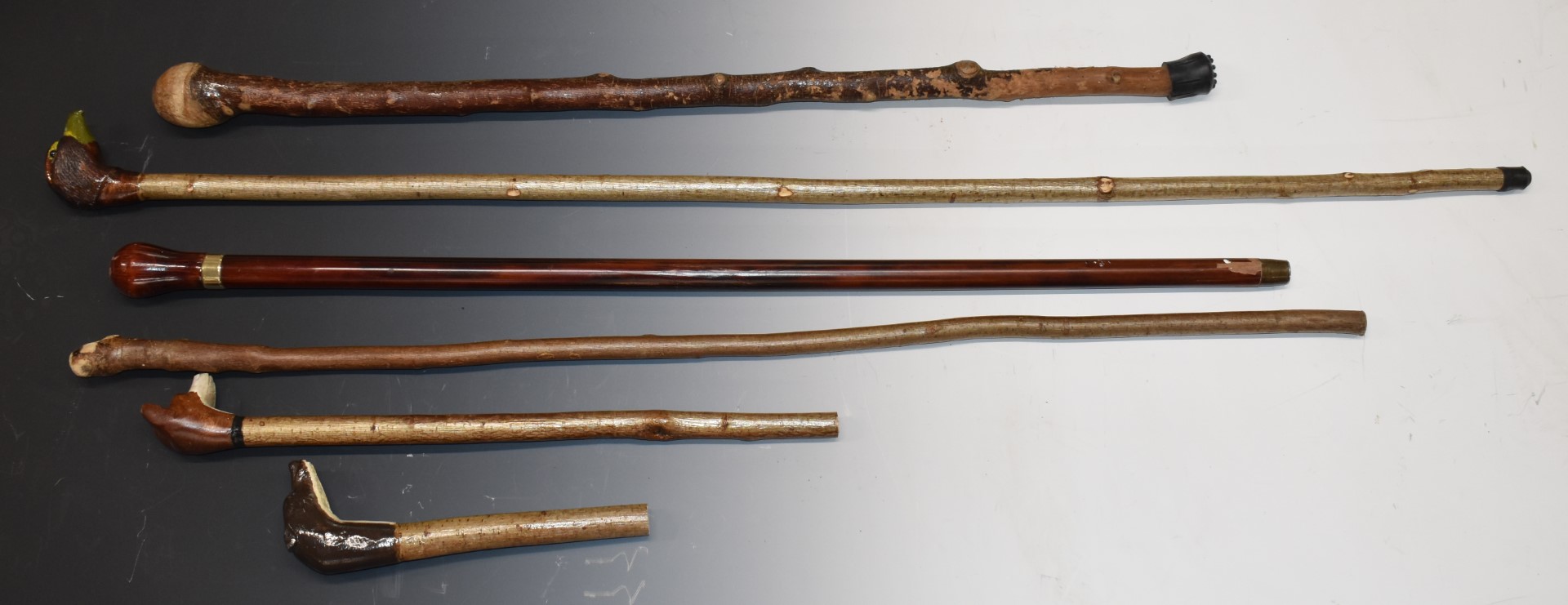 Six shooting and walking stick and walking stick handles, two with finials carved in the form of - Image 2 of 2