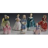 Six Royal Doulton figurines and one Royal Worcester, including Country Girl, Top O' The Hill, Bo