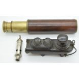 British WW2 era 'bath tub' morse code key, together with a three draw telescope by B.C & Co Ltd