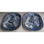 A pair of 19thC William Walsh blue and white transfer printed meat platters with Indian scenes,