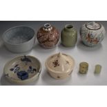 A collection of studio pottery including Japanese, celadon glazed vase, signed pieces, Chinese