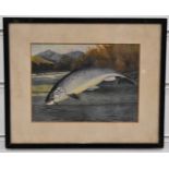 A. Roland Knight watercolour of a leaping salmon caught on a line, with river landscape beyond,