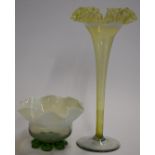 Victorian vaseline vase with crimped rim, 30cm tall, and an opaline glass dish with crimped feet