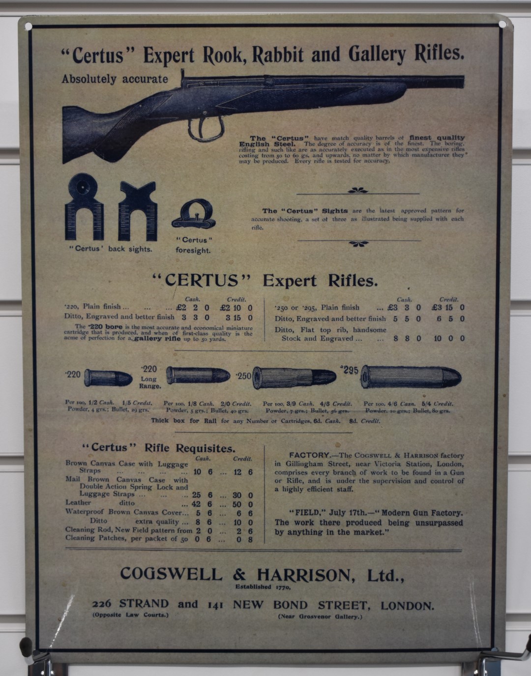 Metal Cogswell & Harrison 'Certus' Expert Rook, Rabbit and Gallery Rifles shop display or