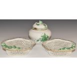 Herend porcelain covered pot and a pair of pierced dishes with applied flower decoration, tallest