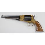 Italian .44 six-shot single action revolver with brass frame, shaped wooden grips and 7.75 inch