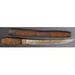 Tanto style short sword with bound handle, curved 31cm blade and wooden sheath