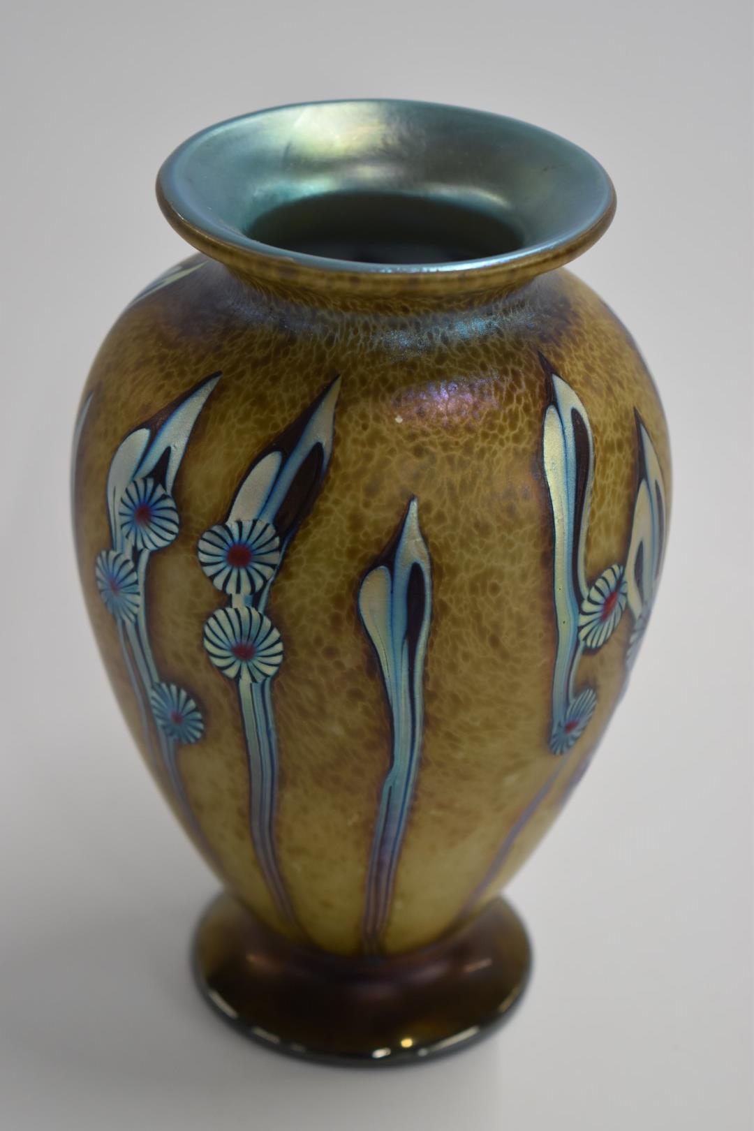 Okra glass vase with iridescent stylised flowers, signed to base Okra 2002, 17cm tall. - Image 2 of 3