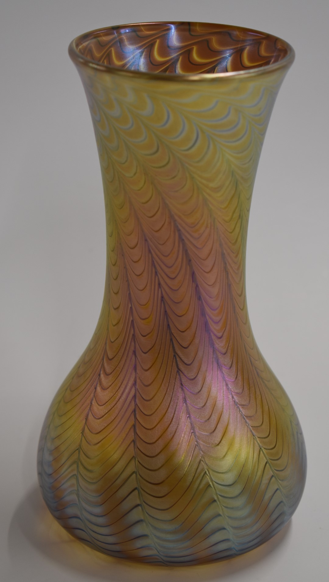 Okra iridescent gold vase, marked 'Trial' to base, 'Okra 2003 R P Golding', approximately 20cm