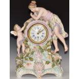 Volkstedt figural German mantel clock featuring lady and cherub, the Roman and Arabic dial enamel