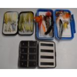 Three fly fishing boxes comprising Wheatey, C+F Design and Masterline with salmon / sea trout flies