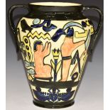 Charlotte Rhead for Crown Ducal twin handled vase decorated with Egyptian scenes, H25cm