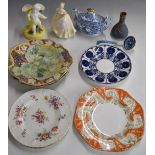 Ceramics including a pair of Royal Crown Derby cabinet plates, Copeland plate, Derby figural spill