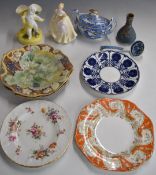 Ceramics including a pair of Royal Crown Derby cabinet plates, Copeland plate, Derby figural spill