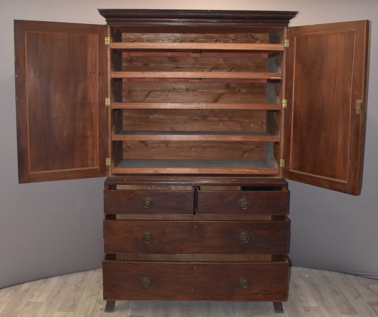 A 19thC mahogany linen press with three graduated drawers, W103 x D60 x H207cm - Image 2 of 2