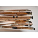 Collection of split cane and cane fishing rods and part rods including The Scottie Black Demon,