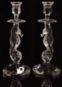 A pair of Waterford Crystal figural candle sticks in the form of seahorses one with original