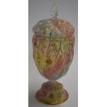 Late 19thC candy striped lidded glass urn with bulbous body and gilt and enamel decoration, probably