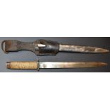 German style bayonet with string bound grip, 30.5cm blade, scabbard and frog
