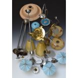 A collection of vintage light fittings and glass shades, chrome and brass fittings, Art Deco