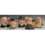 Five large Royal Doulton character jugs comprising Churchill, Captain Scott, WG Grace, The Sleuth
